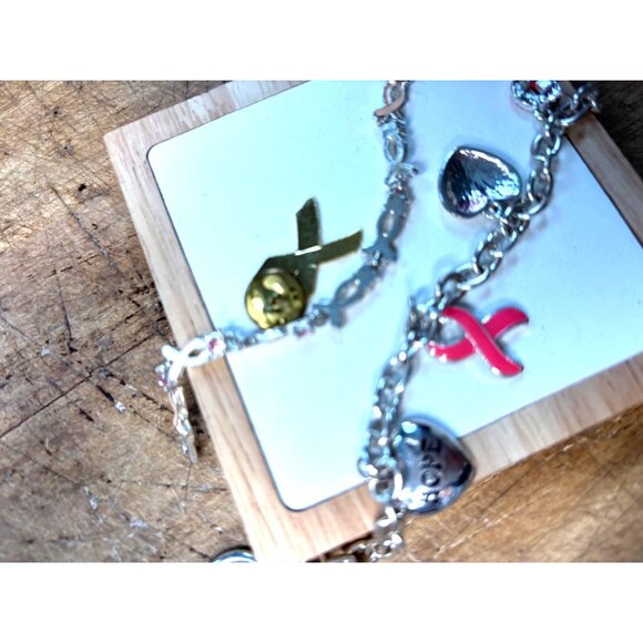 Breast Cancer Awareness Pink Ribbon Jewelry Set W/ Bracelet & Pin Silver & Pink - Picture 7 of 10